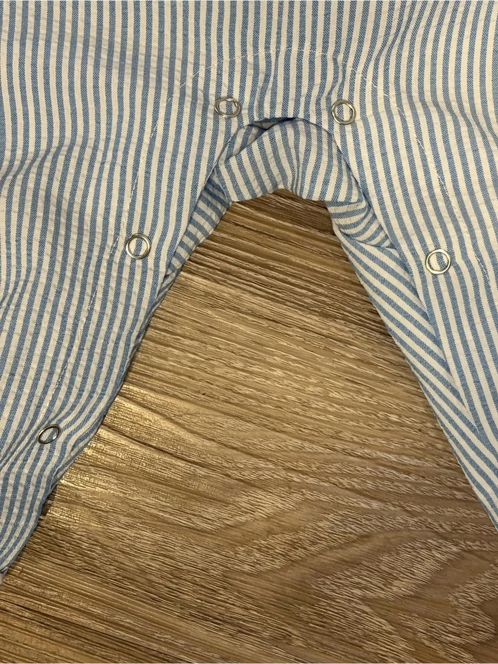 Classic Baby Blue and White Pinstripe One-Piece Romper with White Trim